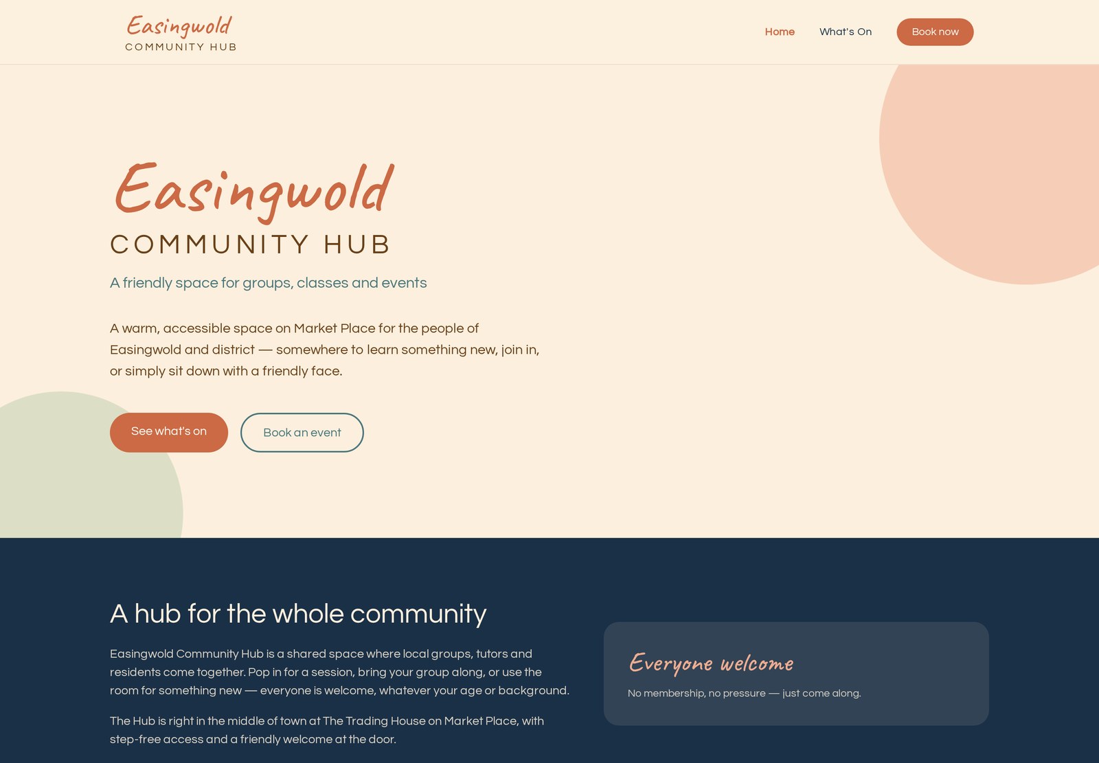 Homepage of the Easingwold Community Hub website built by SnapSiteUK